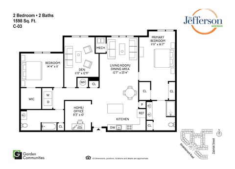 Floor plan for 2 beds, 2 baths, 1598 sqft